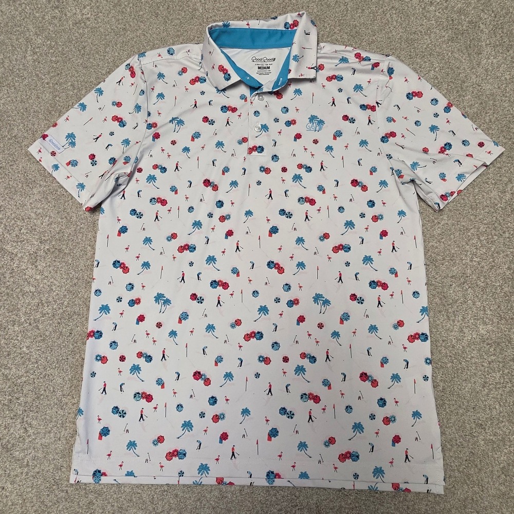 Good Good Golf Mens Medium Polo Shirt White Tropical Flamingo Palm Tree Print